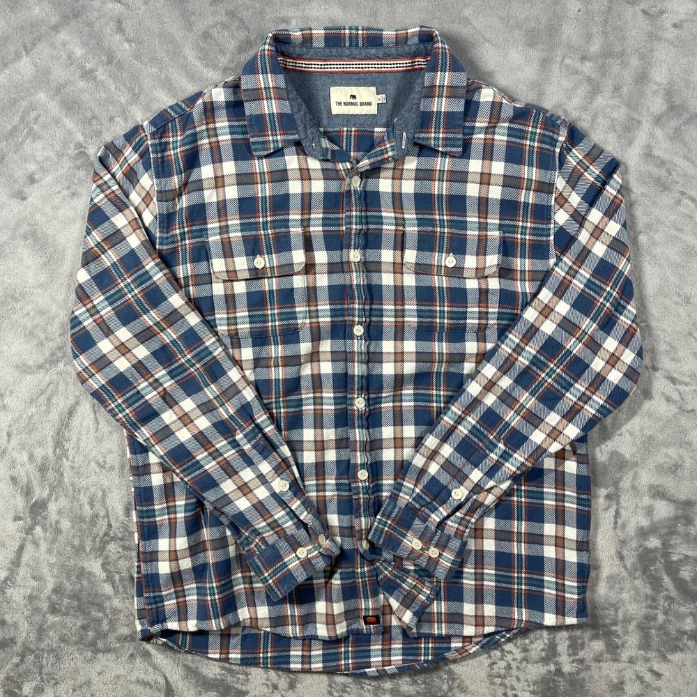 The Normal Brand Mens Blue Orange Plaid Flannel Shirt XL Long‎ Sleeve Cotton